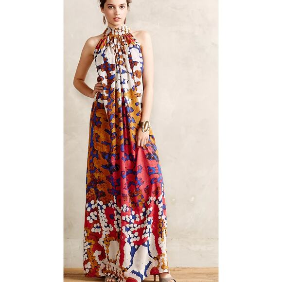 Roopa Pemmaraju Silk Lorna Maxi Halter Mixed Print Dress. - Picture 1 of 5
